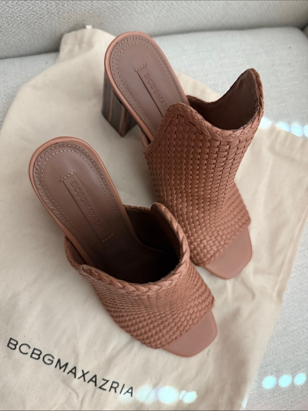 BCBGMaxAzria Brown Woven Peep-Toe Mule Sandals - Picture 3 of 4